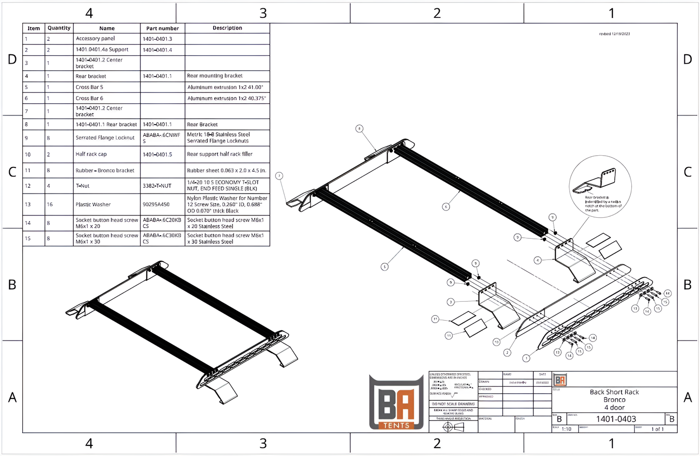 2021-24 Ford Bronco 4-Door Rear only Short Roof Rack for Hardtop (2.0)