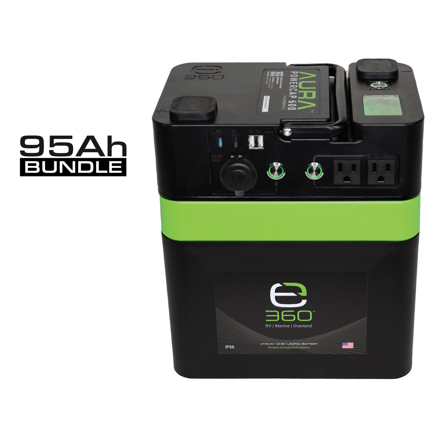 (1) EX-AURA001: AURA 600W Inverter 
(1) EX-G24-95XDP: E360 12.8V 95Ah G24 Extreme-Density LiFePO4 Deep Cycle Battery [A]