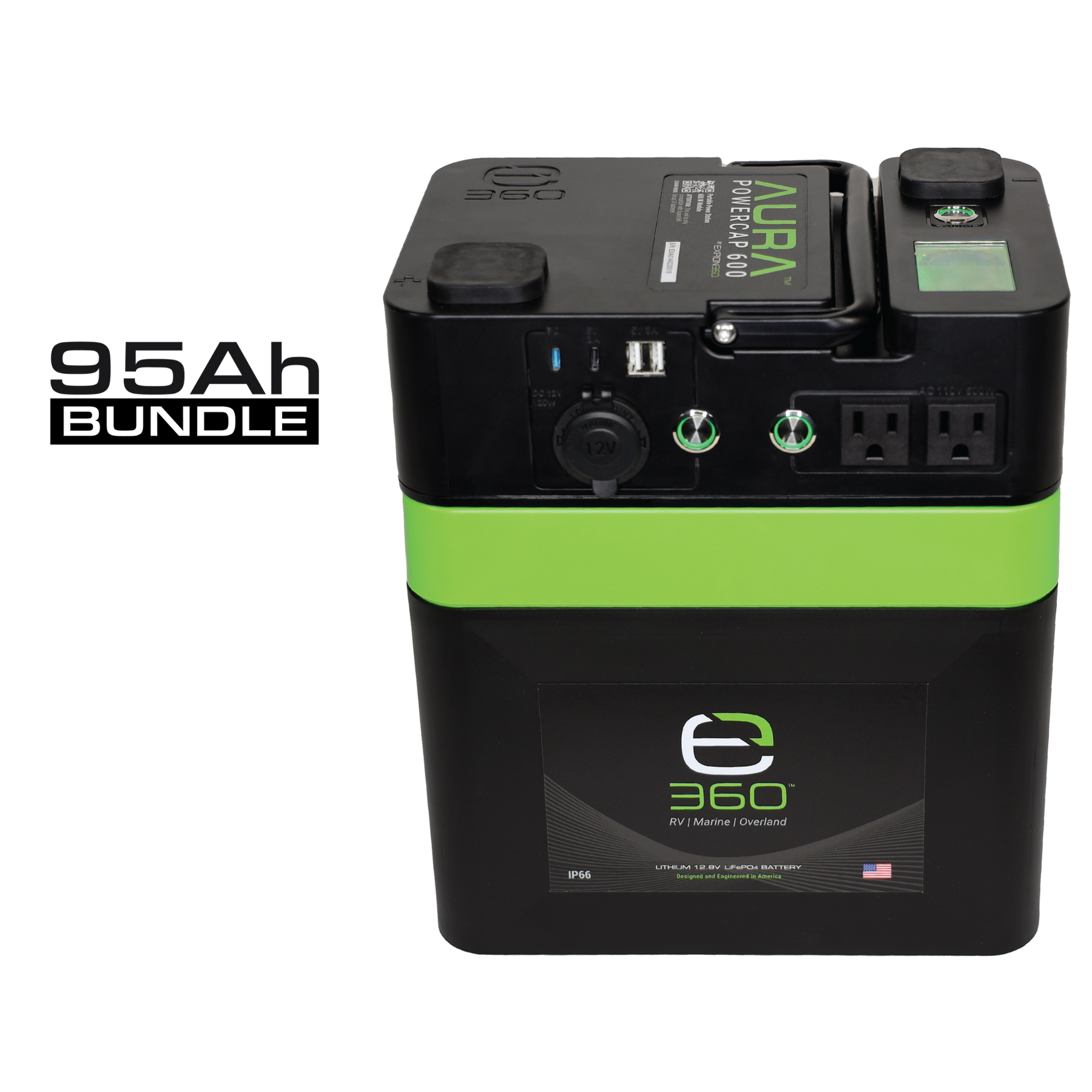 (1) EX-AURA001: AURA 600W Inverter 
(1) EX-G24-95XDP: E360 12.8V 95Ah G24 Extreme-Density LiFePO4 Deep Cycle Battery [A]